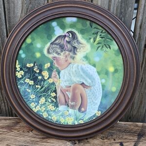 Vintage Hamilton Collection Ashley Round Framed Art with Girl and Flowers